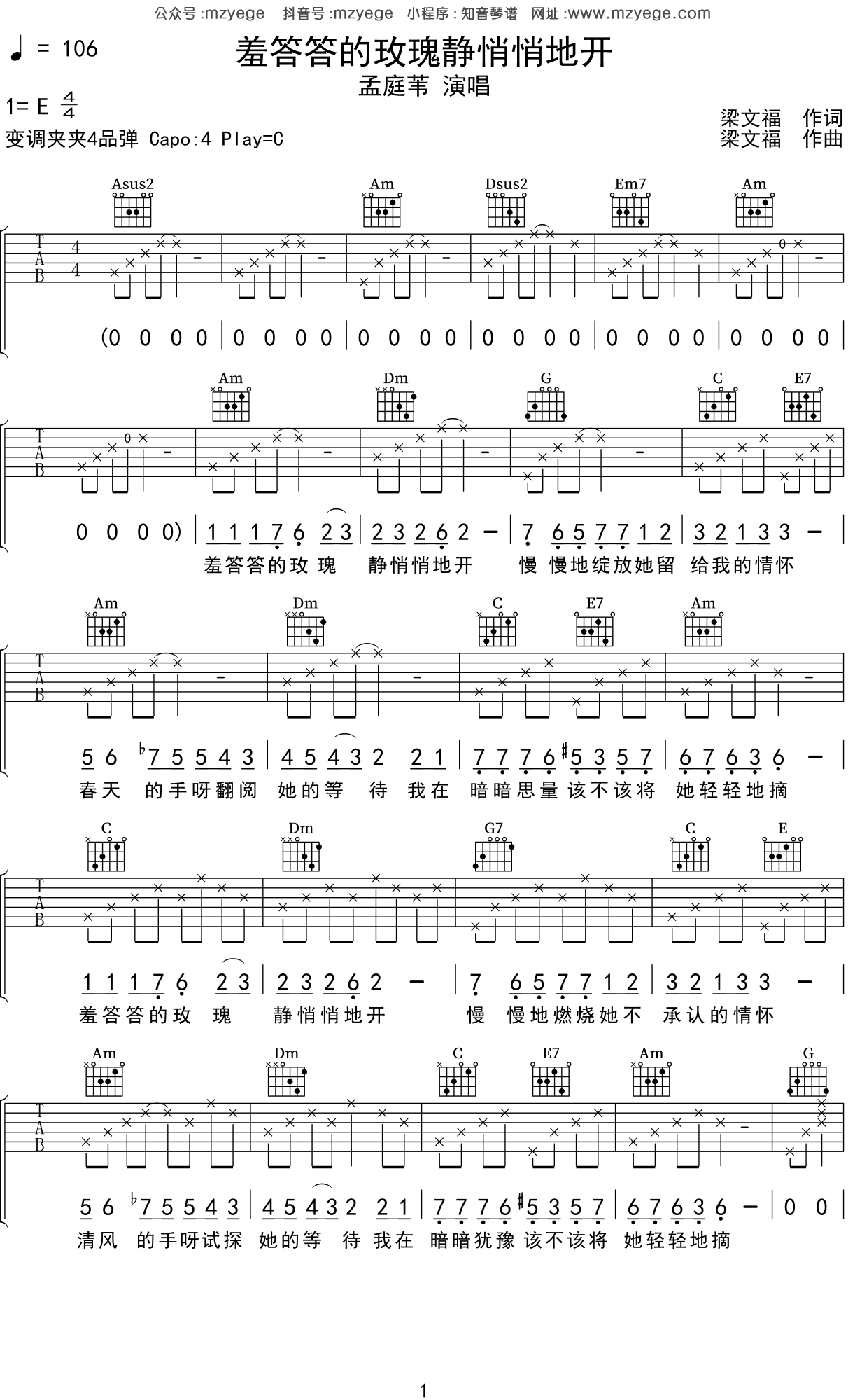 《羞答答的玫瑰静悄悄地开》孟庭苇 _吉他弹唱谱