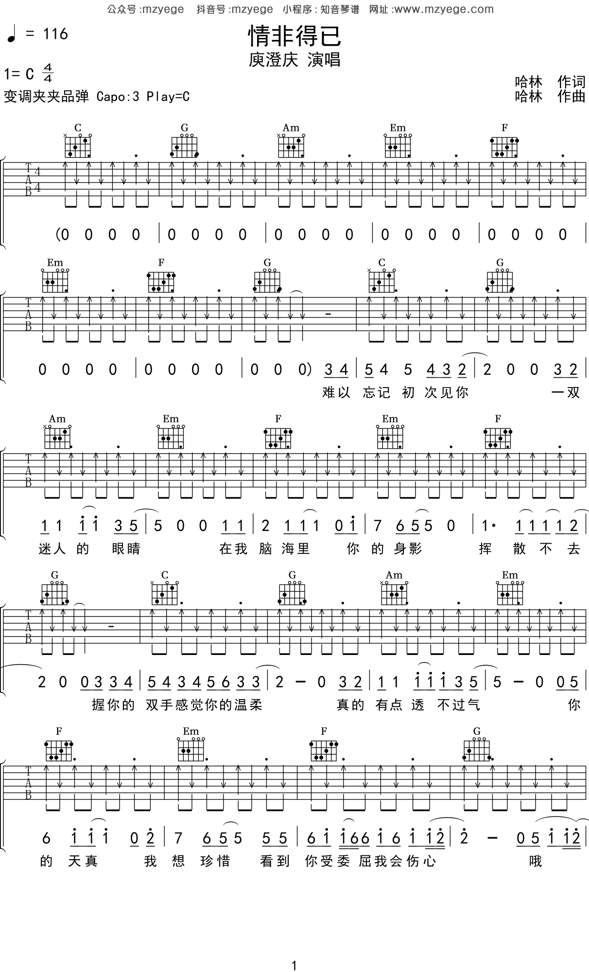 庾澄庆《情非得已》吉他谱_C调吉他弹唱谱_拍弦版 - 打谱啦