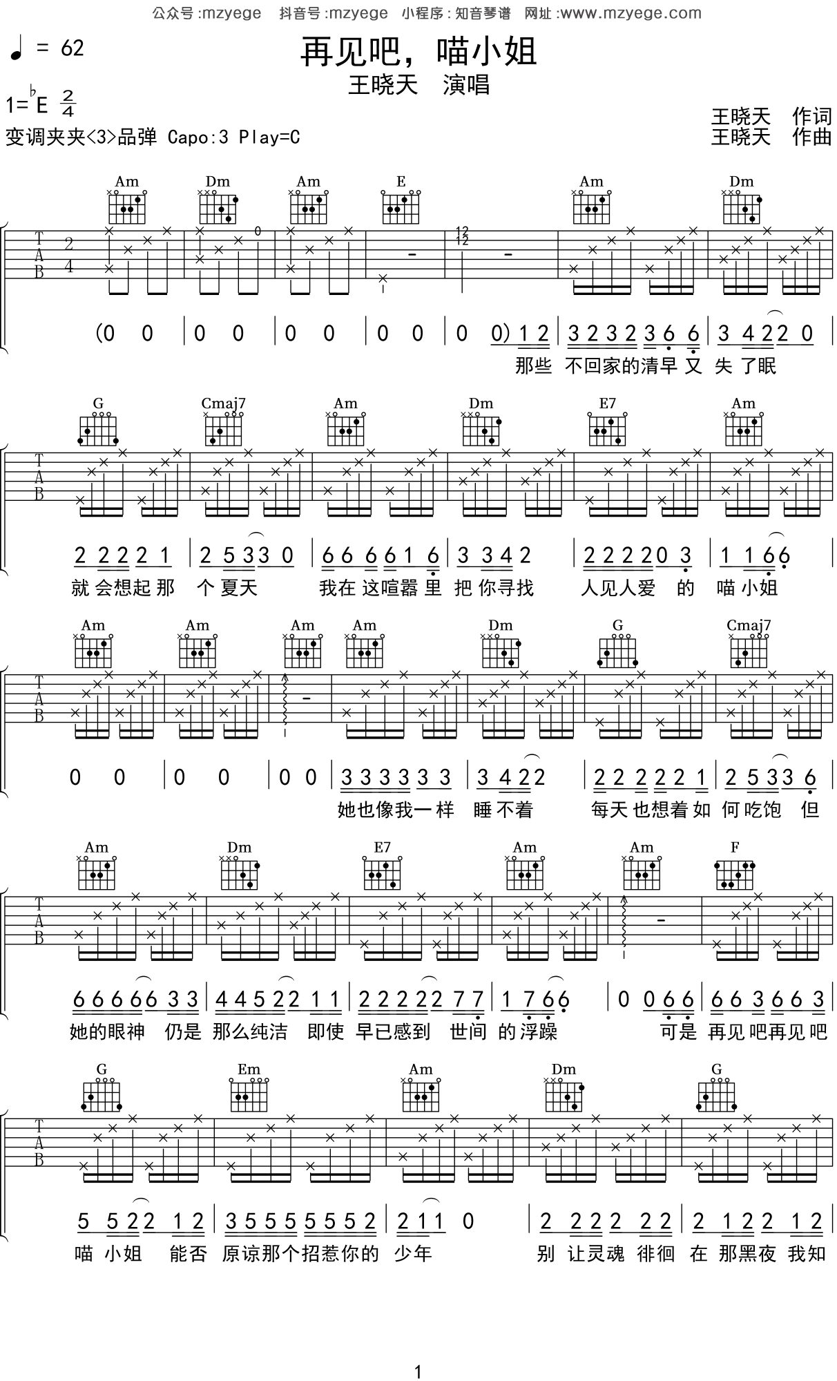 王晓天《再见吧喵小姐》吉他谱_C调指法_简单编配_酷音小伟视频教学版 - 升诚吉他网